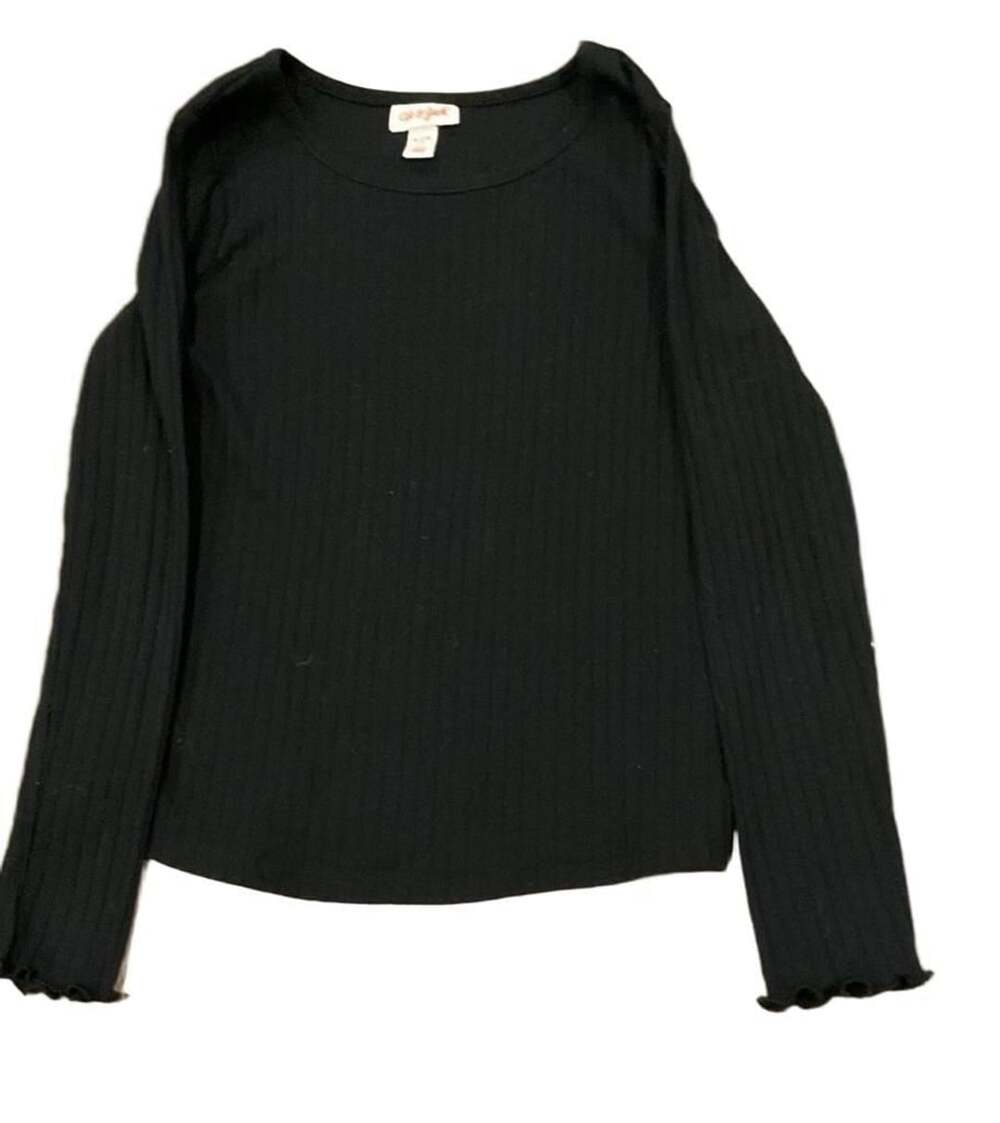 Cat & Jack Black Ribbed Lettuce Edge Long Sleeve Top Size M (7/8)Girls